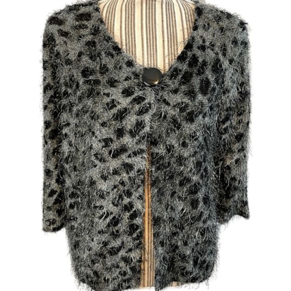Isela Sweaters - Vintage Isela Fuzzy Animal Print Cardigan Sweater In A Size Medium